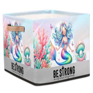 Imagem de hongjinglin Cestos dobráveis de armazenamento em cubos fofos sereia, roxo, caixas dobráveis brinquedo infantil com alças organizador de tecido para berçário, sala de estar, quarto, prateleiras, roupas