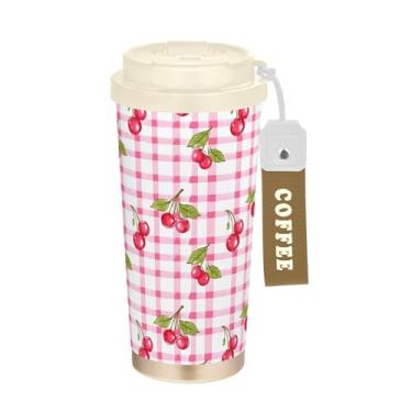 Imagem de SEHANY Caneca de viagem de cereja fofa de 482 g Copos de café reutilizáveis revestidos de cerâmica com tampa à prova de vazamento, parede dupla, isolamento a vácuo, copo de café de aço inoxidável para