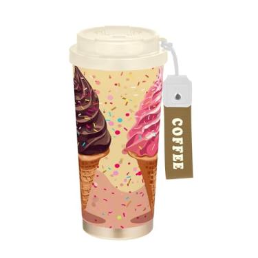 Imagem de SEHANY Caneca de viagem de sorvete fofa de 500 ml Copos de café reutilizáveis revestidos de cerâmica com tampa à prova de vazamento, parede dupla, isolamento a vácuo, copo de café de aço inoxidável