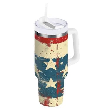 Imagem de xigua Copo American Star Flag de 850 g com tampa e canudo, aço inoxidável de vácuo duplo isolado garrafa de água esportiva suporte para copo de café de viagem à prova de vazamento para bebida gelada