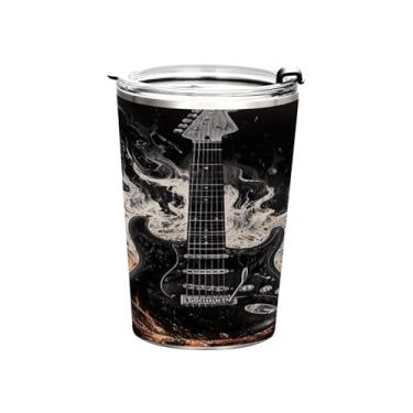 Imagem de Blueangle Copo de 340 g com tampa e canudo, copo de café com água isolada a vácuo de aço inoxidável, caneca de viagem de guitarra elétrica preta copo térmico para bebidas quentes e frias (258)