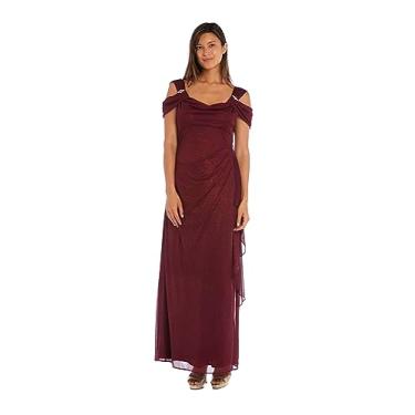 Imagem de R&M Richards Vestido maxi feminino tomara que caia | Vestido de chiffon com glitter na cintura império com detalhe de strass | para coquetéis noturnos, Merlot, 48