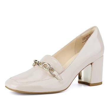 Imagem de JENN ARDOR Mocassins de salto feminino – Salto bloco, bico fechado, sem cadarço, salto médio de 6 cm, vestido e sapatos casuais com corrente, Bege, 40