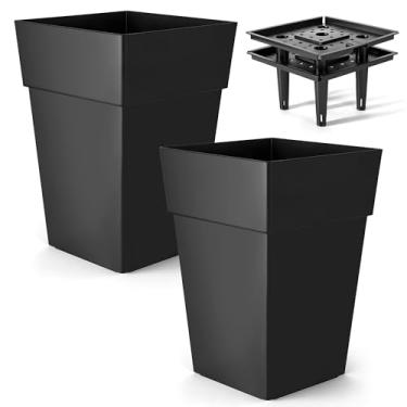 Imagem de Vanavazon Conjunto de 2 vasos altos afunilados para plantas internas ao ar livre 45,7 cm A x 30,5 cm de diâmetro vasos de plantas de plástico quadrado para varanda frontal deck com drenagem, com roda