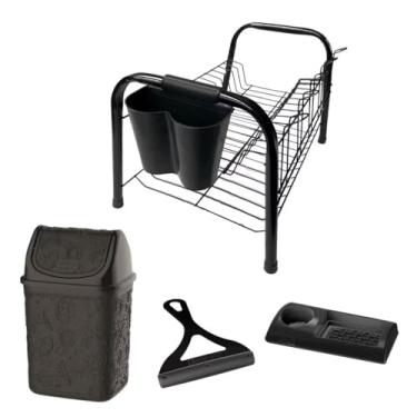 Imagem de Kit Cozinha com Escorredor de Louça, Rodinho, Porta Detergente, Porta Talher Encaixável, Cesto de Lixo 4,5L, Preto