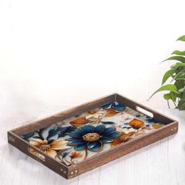 Imagem de Bandeja decorativa de madeira vintage com folhas de papoula marrom azul 40,6 x 30,5 cm, bandeja decorativa de mármore com acabamento de couro sintético, bandeja de servir moderna para mesa de café