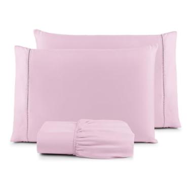 Imagem de Jogo de Lençol 400 Fios Micropercal com Ponto Palito, Kit 3 Peças com Elástico, Toque Acetinado, Macio e Confortável (Rosa, Solteiro)