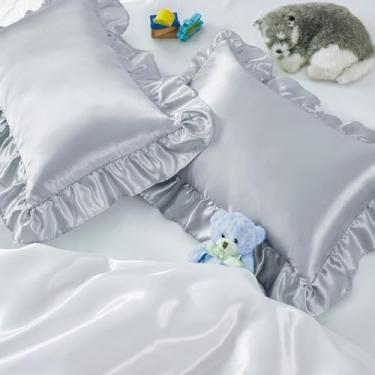 Imagem de Entisn Conjunto de 2 fronhas infantis de cetim com babados, 33 x 45 cm, fronhas sedosas com fecho de envelope, roupa de cama de berçário macia antirugas para meninas, meninos (cinza claro)
