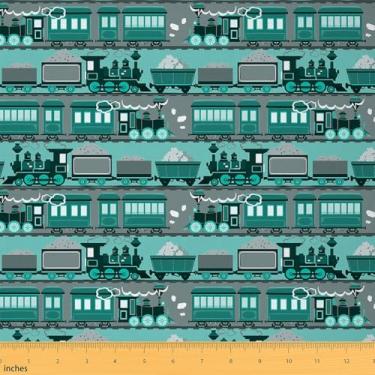 Imagem de jejeloiu Tecido de trem vintage da The Yard 1 jarda azul-petróleo motor ferroviário transporte ferroviário tecido estofado para cadeiras para meninos meninas desenho animado veículo retrô locomotiva