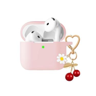 Imagem de QIMZBAAT Capa para Airpods 4, capa protetora de silicone macio com lindo pingente de flor de cerejeira margarida chaveiro acessórios para Apple Airpods 4ª geração capa de carregamento para mulheres e