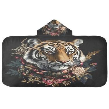 Imagem de Burbuja Toalha de banho com capuz de cabeça de tigre para crianças, toalha de praia de pelúcia macia absorvente para meninas e meninos 3-10 anos, 61 x 127 cm