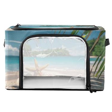 Imagem de xigua Cena de praia com caixas de armazenamento de roupas de folhas de palmeira com moldura de metal em forma de fixação, 2 formas de abertura, caixa organizadora de roupas dobrável com janela