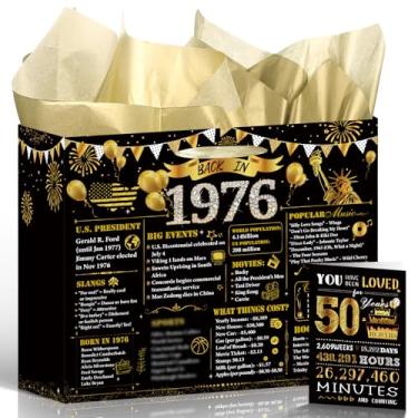 Imagem de Bolsa de presente de aniversário de 50 anos de ouro preto - Wixben Vintage Back in 1975 Decorações de aniversário, grande saco de embrulho com alça cartão de felicitações de papel de seda para homens