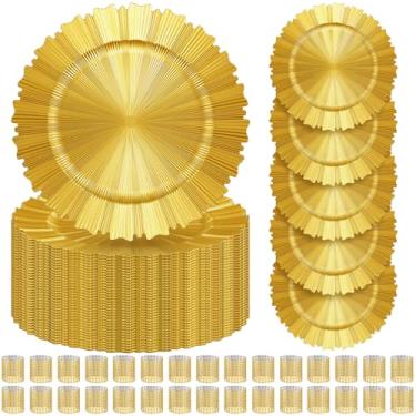 Imagem de Tanlade 50 Set Bright Gold Charger Plates Bulk with Napkin Rings Plastic 13" Plate Charger Fluted Edge Wedding Decoration for Table Wedding Party Event(Gear)