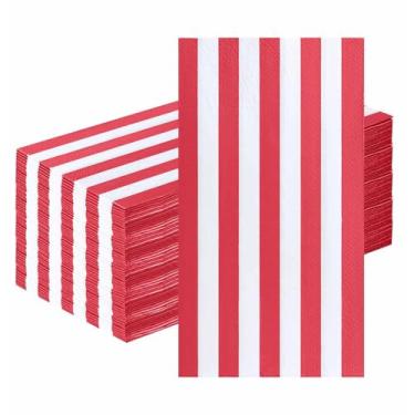 Imagem de HEIPINIUYE 50 guardanapos de papel listrados de 3 camadas toalhas de hóspedes vermelhas e brancas toalhas de mão descartáveis para banheiro, casamento, aniversário, chá de bebê, guardanapos de jantar
