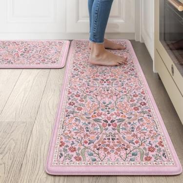 Imagem de Collive Tapetes de cozinha para chão, tapete acolchoado antifadiga, tapetes florais rosa, 2 peças, antiderrapante, impermeável, tapete de pia confortável, espuma viscoelástica para escritório