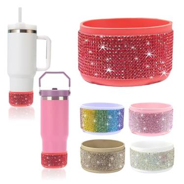 Imagem de RNFVJH Bota de silicone com glitter diamante para copo Stanley Cup 567.0-1,134.0 g, Simple Modern Trek 850.5-1,134.0 g, base antiderrapante, 7-7,4 cm (vermelho novo)