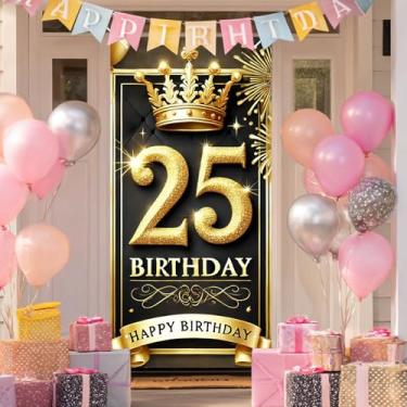 Imagem de HOMETITUTE Capa de porta de aniversário de 25 anos 178 x 89 cm Faixa de porta dourada preta para decorações de festa, coroa com glitter, sinal de feliz aniversário, balão de fundo brilhante para