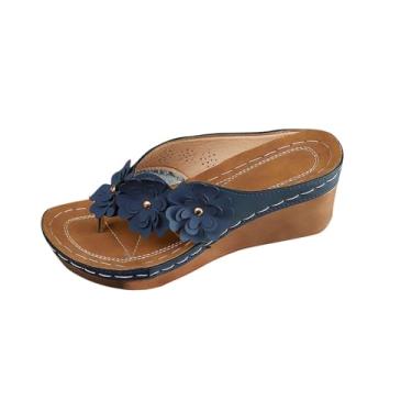 Imagem de Sandálias femininas de praia de uma linha com salto cunha e fundo grosso para o verão casual, adequado para uso externo e interno com material PU, Azul royal, 36