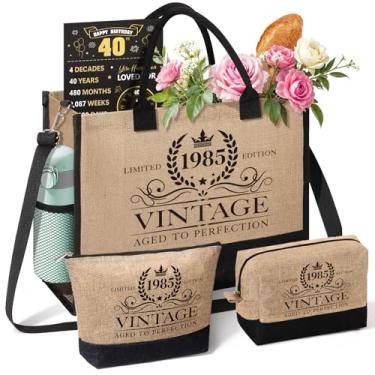 Imagem de Presentes de aniversário de 40 anos para mulheres, vintage 1985 reutilizável sacola de compras bolsa de praia e pôster de volta em 1985, presentes personalizados de 40 anos para esposa, mãe, irmã, ela