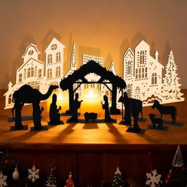 Imagem de X-Kingsun Conjunto de presépio de Natal dobrável, decoração de mesa de madeira com base, casa de fazenda, placas de pessoas rústicas, centro de mesa para decoração de mesa de cozinha em casa