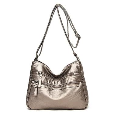 Imagem de Bolsas transversais de couro para mulheres, bolsa de ombro de couro macio com vários bolsos com alça ajustável, preta 26 x 20 cm, Bronze, Medium, Bolsa tiracolo