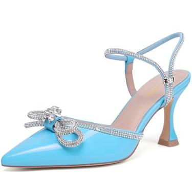 Imagem de Susanny Sapato feminino fechado Rhinstone casamento salto baixo slingback transparente gatinho, tira ajustável, bico fino, salto alto, vestido de formatura, Azul_patente, 36