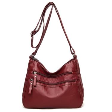Imagem de Bolsas transversais de couro para mulheres, bolsa de ombro de couro macio com vários bolsos com alça ajustável, preta 26 x 20 cm, Vinho tinto, Medium, Bolsa tiracolo