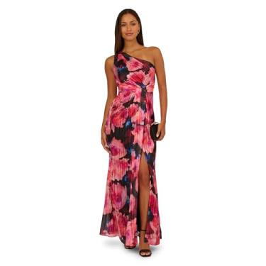 Imagem de Adrianna Papell Vestido de chiffon com estampa floral e decote de um ombro, Preto/Berry, 44