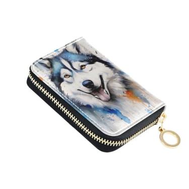 Imagem de Carteira feminina com suporte de cartão com bloqueio de RFID, carteira de couro pequeno com zíper, porta-chaves, pintura em aquarela, cachorro do Alasca