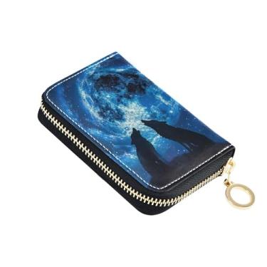 Imagem de Carteira feminina pequena para cartão de crédito, bloqueio de RFID, zíper ao redor do porta-moedas com chaveiro, lobos, lua uivante, espaço noturno