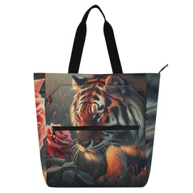 Imagem de GAIGEO Bolsa feminina divertida Tiger Sniffs Rose para trabalho, lona, escola, bolsa carteiro com compartimentos
