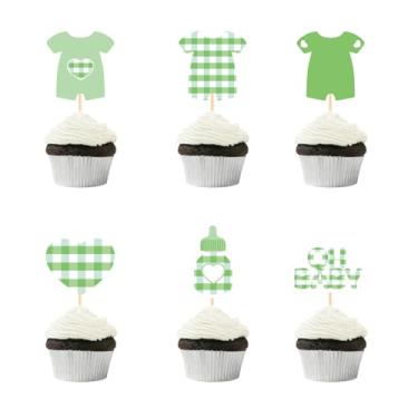 Imagem de 36 Toppers para Cupcakes em Formato de Body Verde, com Estampa Xadrez Verde-Sálvia Coração e Mamadeira Decorações Perfeitas para Festas Aniversário Meninos e Meninas