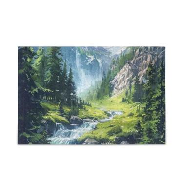 Imagem de Quebra-cabeça de 500 peças, cachoeiras, pintura de paisagem verde, quebra-cabeças, presente faça você mesmo, com bolsa de armazenamento de malha para adultos, famílias, 52 cm C x 37,8 cm L