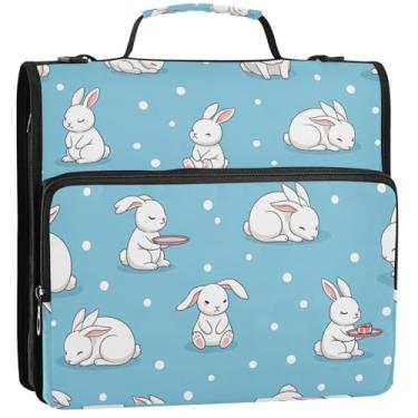 Imagem de Organizador de fichário fofo de coelho branco com zíper com 3 anéis de 3,88 cm, bolsa de fichário para ensino médio com alça, vários bolsos, pasta grande para portfólio, 34,5 x 31,5 x 8,9 cm