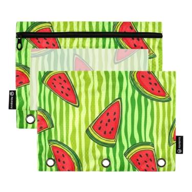 Imagem de GAIGEO Bolsa de lápis de escritório para fichário de 3 anéis, fichário com zíper, bolsas transparentes, bolsos transparentes, fatias de melancia, listras verdes, 25 x 18 cm, 2 pacotes