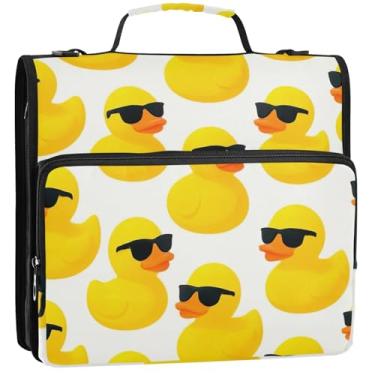 Imagem de Organizador de fichário com zíper, patos amarelos, preto e branco, 3 anéis, 3 anéis, bolsa divertida para fichário do ensino médio com alça para armazenamento com alça, 34,5 x 31,5 x 9 cm