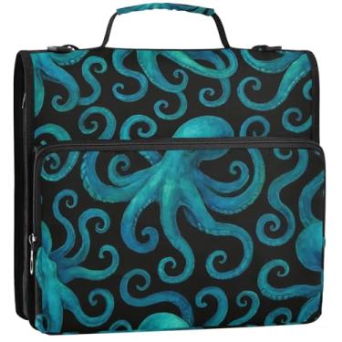 Imagem de 3 anéis para fichários de 3 anéis resistentes em aquarela azul verde polvo preto com zíper bolsa organizadora de fichários escolares com alça de ombro, pasta de armazenamento fofa com alça, 34,5 x