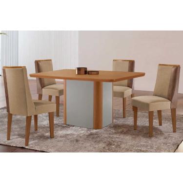 Imagem de Sala Jantar Mesa Pietá Tampo Curvo 120cm+4 Cadeiras Tilia Madeira Naturale/Off White - Capuccino/Linho Bege - Rufato