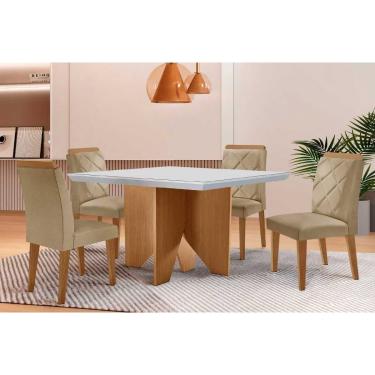 Imagem de Sala Jantar Mesa Nevada Tampo c/ Vidro Curvo 90cm+4 Cadeiras Pietá Madeira Naturale/Off White - Linho Bege - Rufato