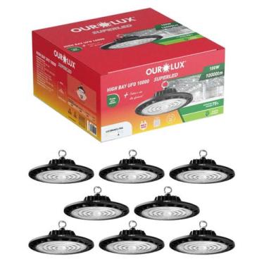Imagem de 8 Luminárias High Bay UFO Preto 100W Bivolt Cor da Luz Branco Frio 650