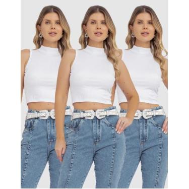 Imagem de Kit 3 Cropped Feminino Regata Canelado Gola Alta Elegante Básico Liso 