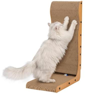 Imagem de Happy & Polly Prancha arranhadora para gatos – 64 cm de altura em forma de L arranhador de papelão com bola para gatos em ambientes internos – Almofada vertical grande para arranhar gatos para parede