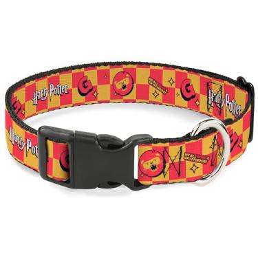Imagem de Coleira para animais de estimação O Mundo Mágico de Harry Potter, fivela de plástico para coleira de cachorro, xadrez de ícones da Grifinória de Harry Potter amarelo vermelho, 24 a 33 cm de largura