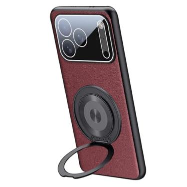 Imagem de POYUFRG Capa magnética para iPhone 17 Pro Max/17 Pro/17 Air/17, capa de proteção de lente completa de couro fino com suporte de anel giratório, vermelha, 17 ProMax