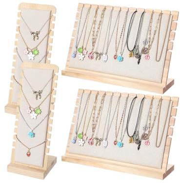 Imagem de HOFURME 4 peças de exibição de colar para fornecedores, conjunto de exibição de joias de bambu com placas de veludo macio, base destacável, 2 tamanhos para suporte de colar e organizador (bege)