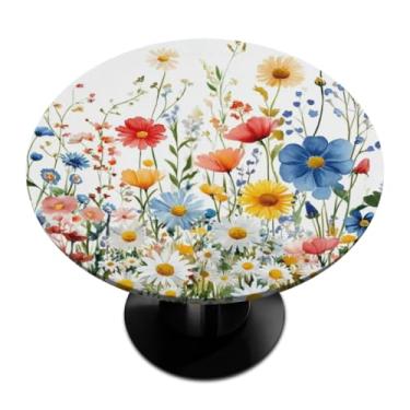 Imagem de Pardick Toalha de mesa redonda colorida de margarida selvagem com elástico toalha de mesa redonda elástica, toalha de mesa impermeável e limpável, serve para mesas de até 114 a 142 cm de diâmetro