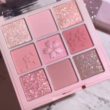 Imagem de Paleta de sombras rosa flor de cerejeira de 9 cores, pigmentada cremosa de longa duração para looks diários/encontros, fácil de misturar