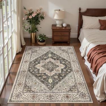 Imagem de Tangsoo Tapete vintage 3x4 lavável, antiderrapante, pequeno para ambientes internos, tapete pequeno envelhecido, tapete macio de pelo baixo para sala de estar, sala de jantar, quarto, cabeceira