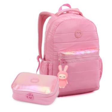 Imagem de Kit Material Escolar Mochila Estojo Holográfico Chaveiro Coelhinho Ref